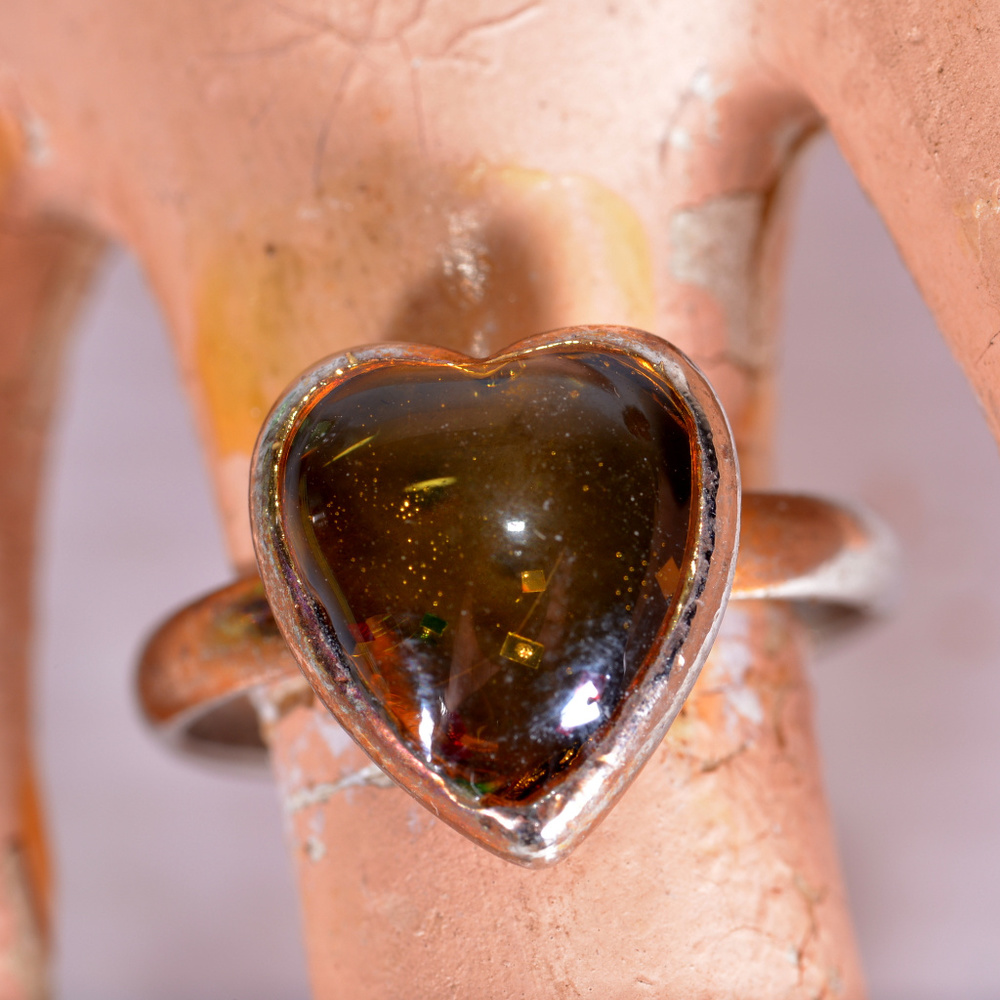 silver brown glitter cab heart shaped ring adjust